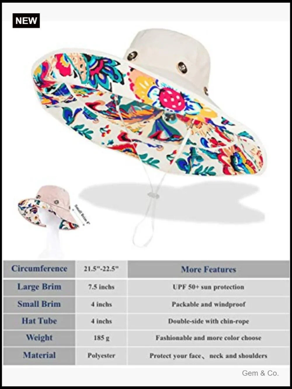 Reversible 2-in-1 Wide Brim Sun Hat with Removable Brim UPF 50+ Packable